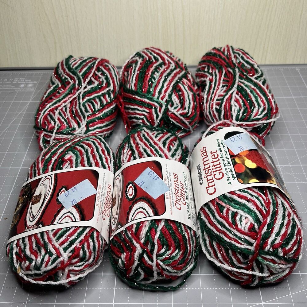 Caron Christmas Glitter Yarn Red White Green Acrylic/Metallic 1.75oz Each Lot 6